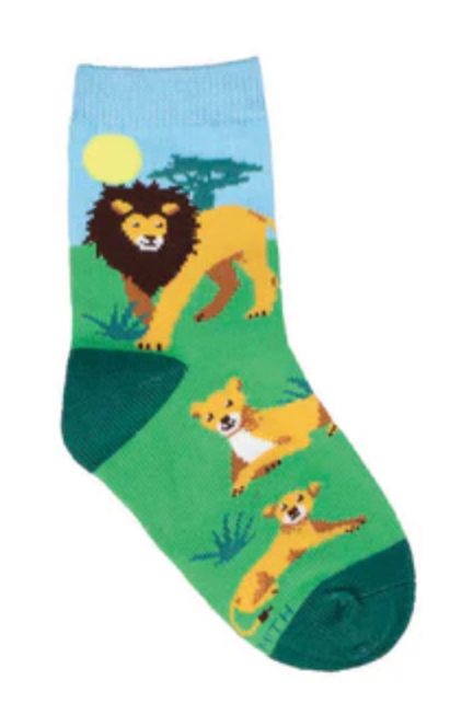 Kid's Lounging Lions Crew Socks -Green -2-4 Years