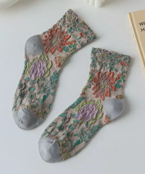 3D Bohemian Flowers Quarter Sock -Khaki