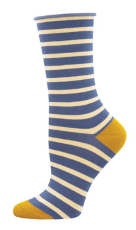 Women's Bamboo Sailor Stripe Roll Top Crew Sock -Blue