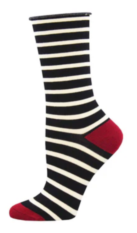 Women's Bamboo Sailor Stripe Roll Top Crew Sock -Black