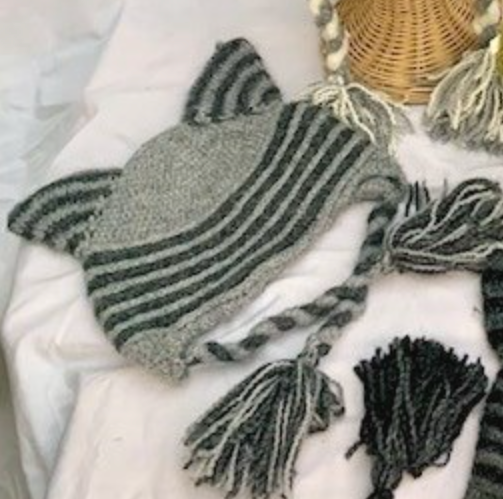 Hand Knit Kitty Ear Flap Hat - Gray