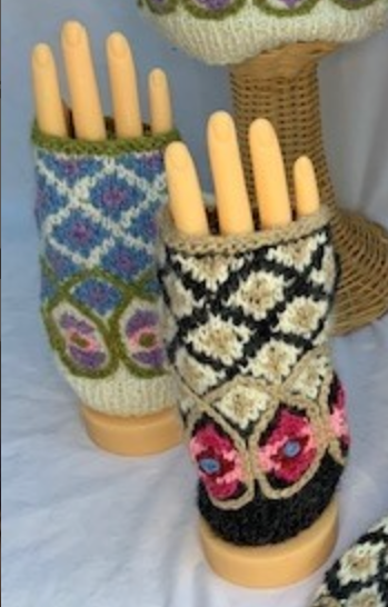 Hand Knit Vintage Checker Fingerless Mittens -Grey