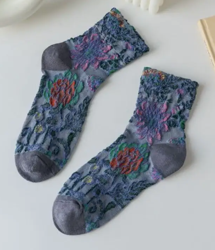 3D Bohemian Flowers Quarter Sock -Blue