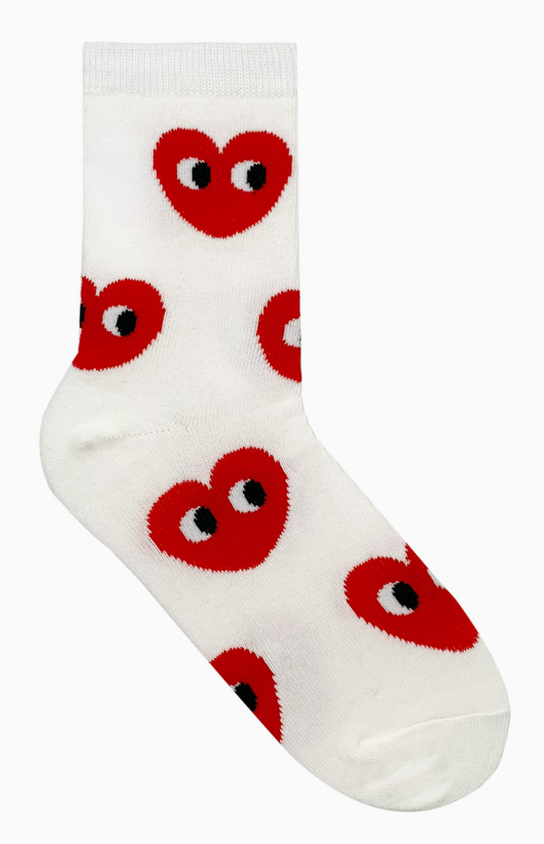 Women's Google Eyes In Hearts Crew Socks - White