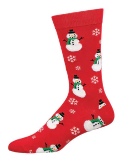 Men's Bamboo Smiling Snowmen Crew Sock - Red