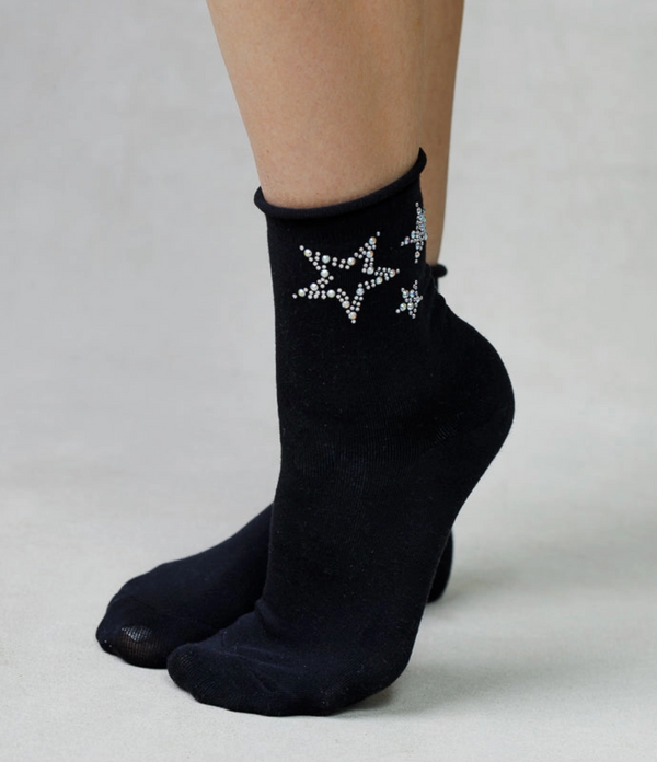 Crystal Roll Top Stars Crew Socks -Black