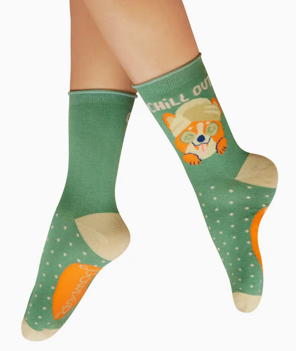 Ladies' Ankle Socks - Chilled Corgi - Fern: Green