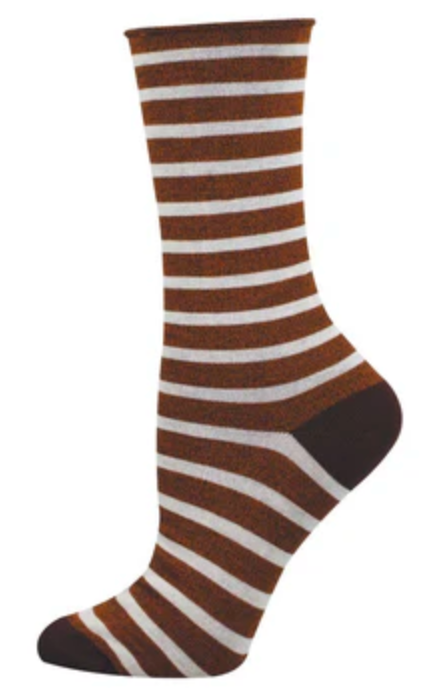 Women's Bamboo Sailor Stripe Roll Top Crew Sock - Burnt Orange Heather