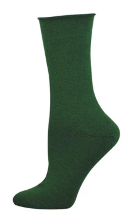 Women's Bamboo Solid Green Heather Rolltop Crew Sock