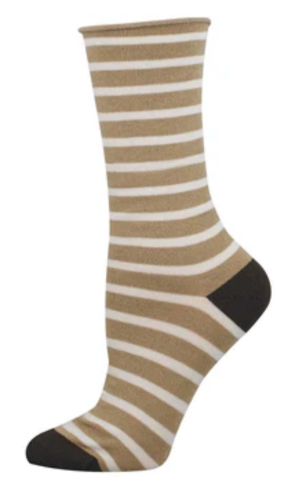 Women's Bamboo Sailor Stripe Roll Top Crew Sock - Hemp Heather