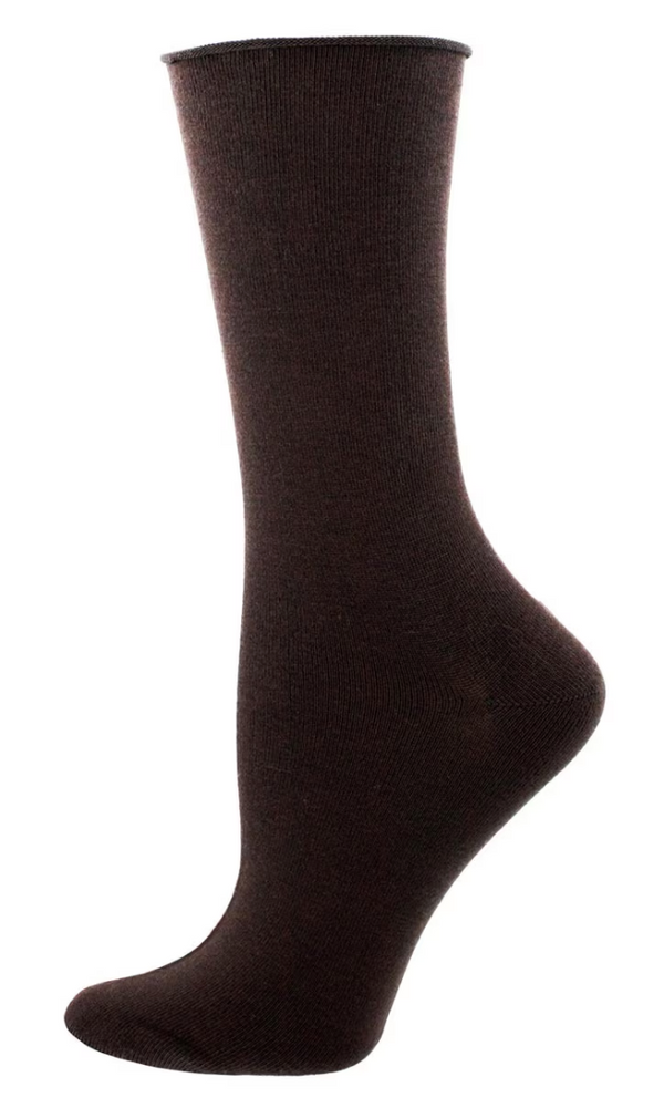 Women's Bamboo Solid Brown Rolltop Crew Sock