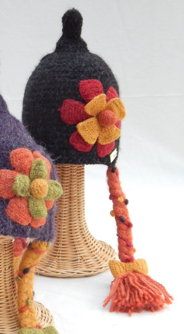 Knit Gnome Hat With Flower and Braids -Black