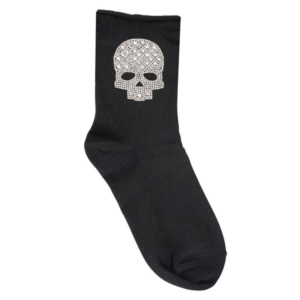 Crystal Roll Top Skull Crew Socks -Black*