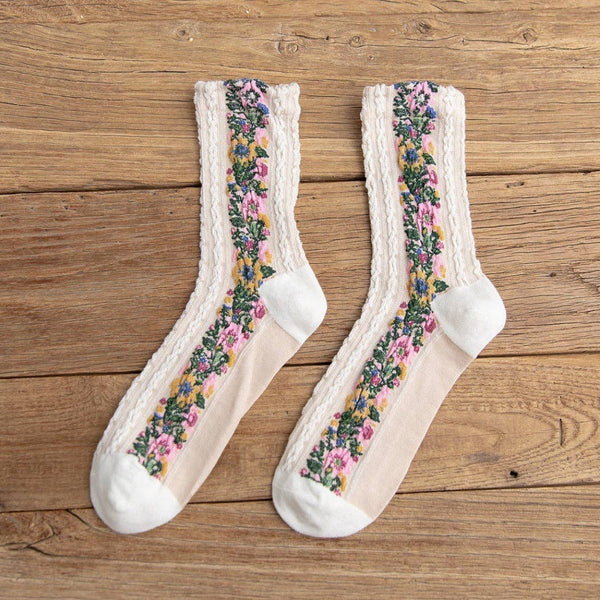 Noble Floral Beauty Crew Socks -Ivory