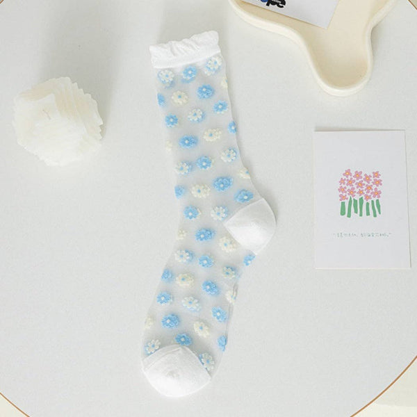 Summer Petite Floral Pattern Sheer Socks -Blue