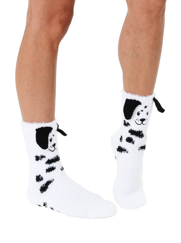 Fuzzy Crew Socks w/ 3D Ears - Dalmation Puppy Dog - White