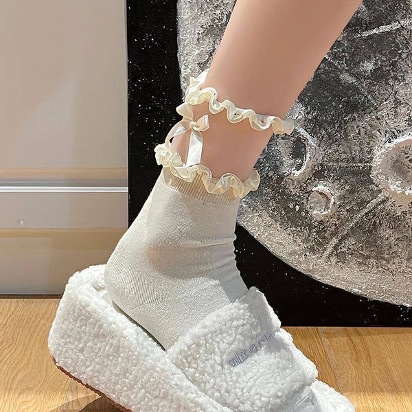 Solid Color Lace Trim Bow Socks -Black