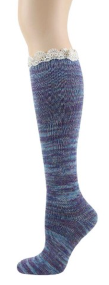 Woman's Lace Twisted Yarn Knee High Sock -Purple