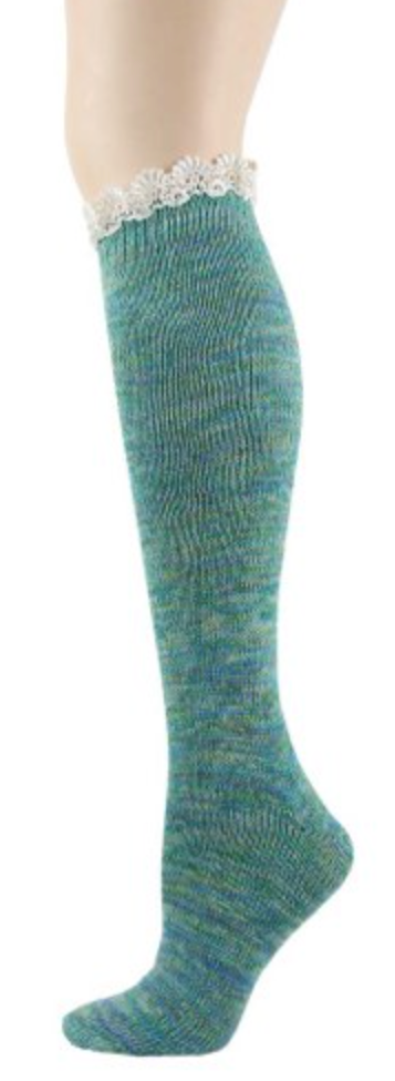 Woman's Lace Twisted Yarn Knee High Sock -Aqua