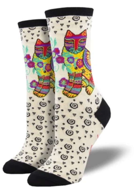 Women's Laurel Burch Maya Cat Crew Sock -Ivory