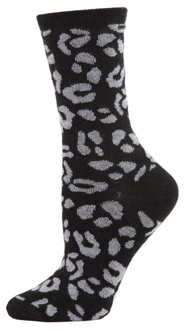 Women's Cashmere Animal Print Crew Socks -Black