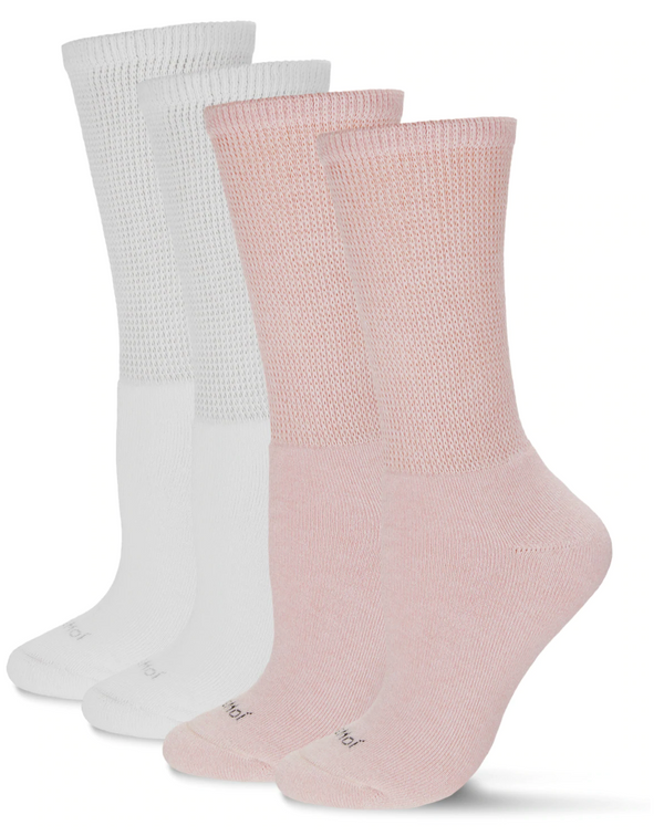 2 Pair Diabetic Full Cushion Crew Socks -Pink/White -Small/Medium