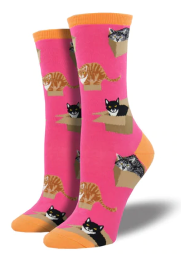 Women's Cat in a Box Crew Sock Pink
