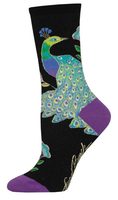 Women's Intricate Peacock Crew Socks -Black