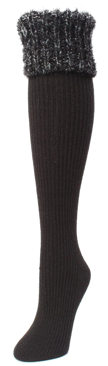 Angel Ribbed Knee High Socks -Black