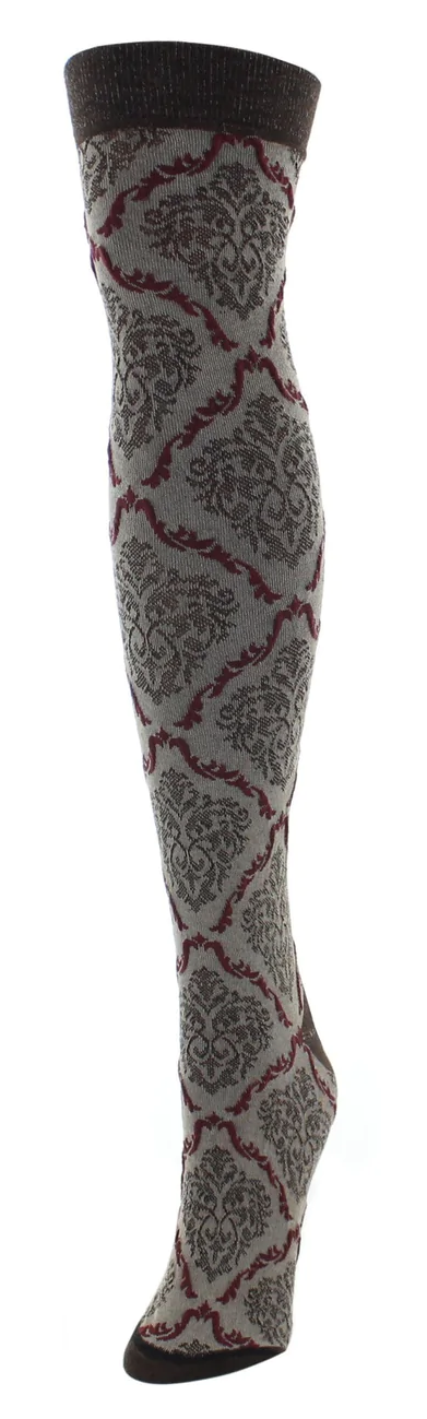 Women's Over the Knee Two Tone Damask Socks -Brown Heather