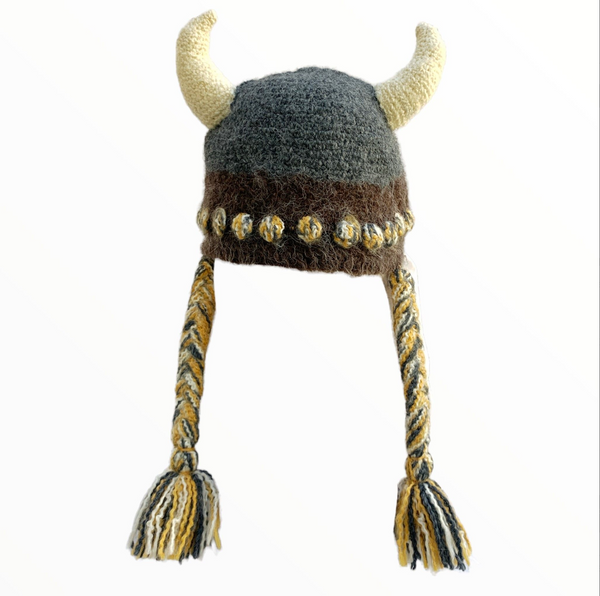 Knit Viking Hat With Braids -Charcoal