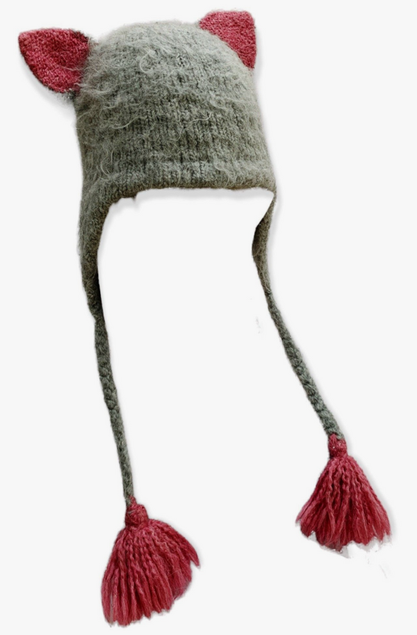 Shaggy Kitty Hat with Earflaps -Grey