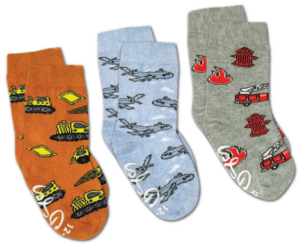 Kid's 3 Pack Airplanes, Construction, and Firefighter Crew Sock -0-12 Months