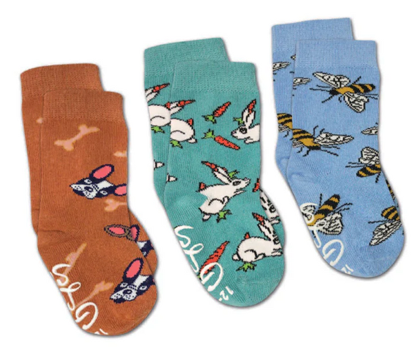 Kid's 3 Pack Bee's Bunnies and Dogs Crew Sock -0-12 Months