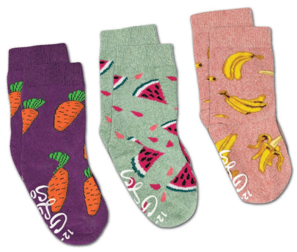 Kid's 3 Pack Bananas, Carrots and Watermelon Crew Sock -2-4 Year
