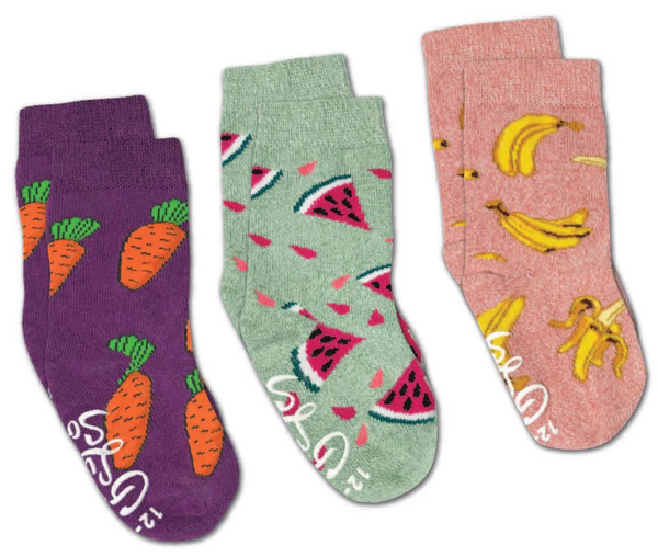 Kid's 3 Pack Bananas, Carrots and Watermelon Crew Sock -1-2 Year