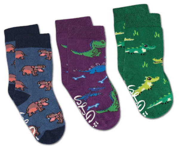 Kid's 3 Pack Hippopotamus, Crocodiles and Dinosaurs Crew Sock -0-12 Months