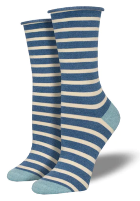 Women's Bamboo Sailor Stripe Roll Top Crew Sock -Blue Heather
