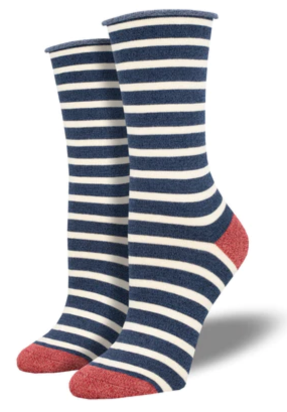 Women's Bamboo Sailor Stripe Roll Top Crew Sock -Navy Ivory