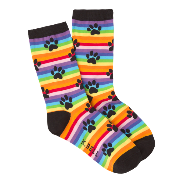 Women's Rainbow Stripe Paw Prints Crew Socks ^
